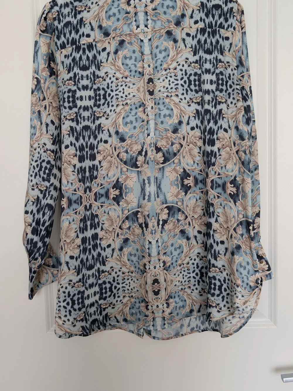 Chico's Blue and Beige Ornate-Print Button-Down Shirt